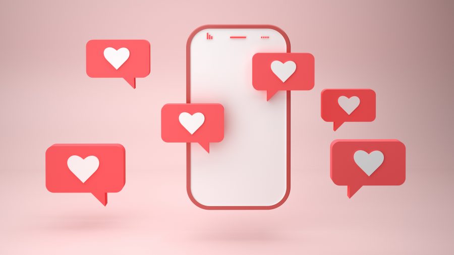 smartphone and heart sign notification bubbles on pink background 3d illustration