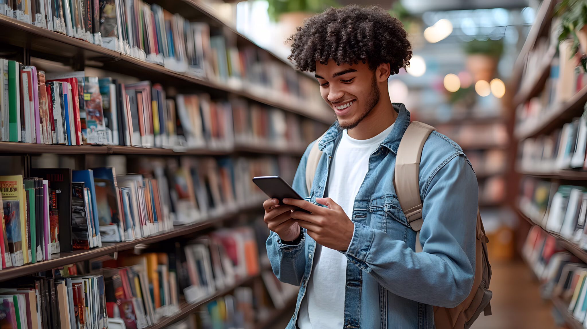 young stylish black man looking at his smartphone while standing inside a large bookstore library